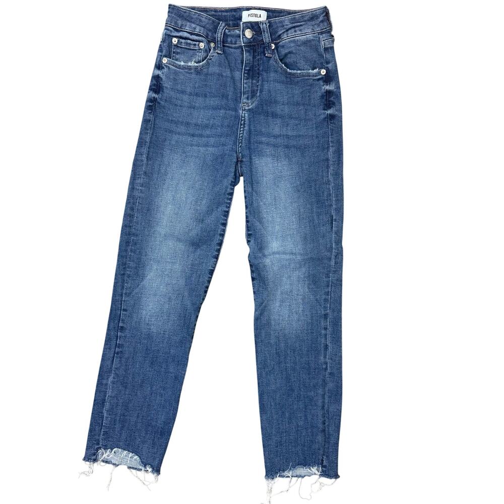 Pistola Distressed Straight Leg Jeans Raw Hem Stretch Denim Womens 24x26 - Picture 2 of 6